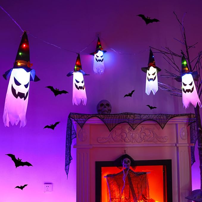 Halloween Decorations, 5-Pack LED Lantern String Lights, Wizard Hat Ghost Hanging Lights, Spooky Atmosphere Halloween Party Decorations for Indoor Porches or Patio Gardens (Ghost) Mivoza Deutschland