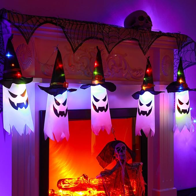 Halloween Decorations, 5-Pack LED Lantern String Lights, Wizard Hat Ghost Hanging Lights, Spooky Atmosphere Halloween Party Decorations for Indoor Porches or Patio Gardens (Ghost) Mivoza Deutschland