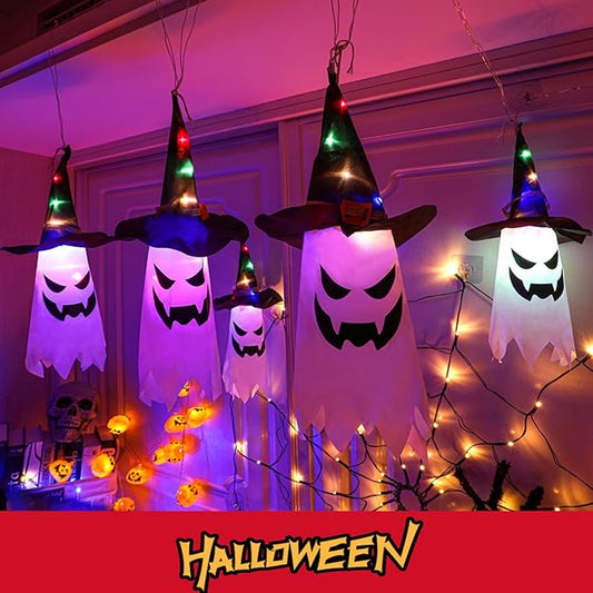 Halloween Decorations, 5-Pack LED Lantern String Lights, Wizard Hat Ghost Hanging Lights, Spooky Atmosphere Halloween Party Decorations for Indoor Porches or Patio Gardens (Ghost) Mivoza Deutschland