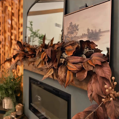 Brown Magnolia Leaf Garland – Realistic Autumn Decoration for Indoor and Covered Outdoor Areas Homezys