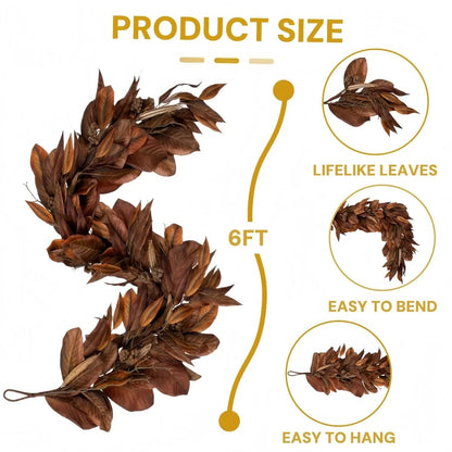 Brown Magnolia Leaf Garland – Realistic Autumn Decoration for Indoor and Covered Outdoor Areas Homezys