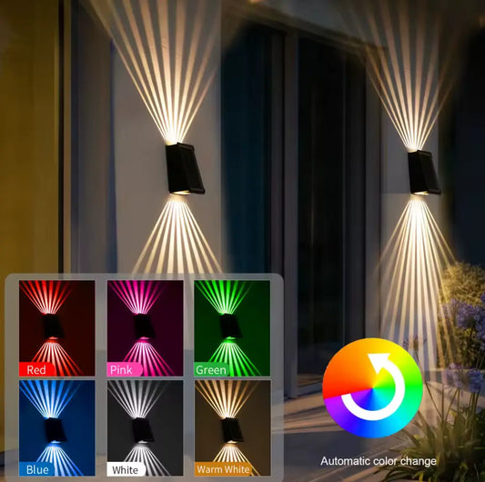 RGB solar wall light for terrace and façade with 4-sided lighting and color selection Mivoza Germany