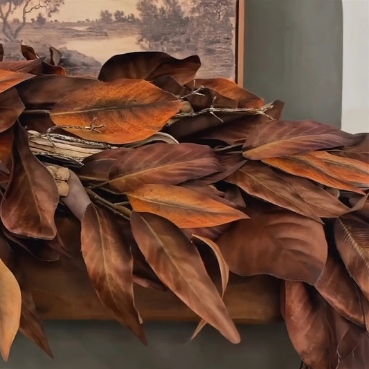 Brown Magnolia Leaf Garland – Realistic Autumn Decoration for Indoor and Covered Outdoor Areas Homezys