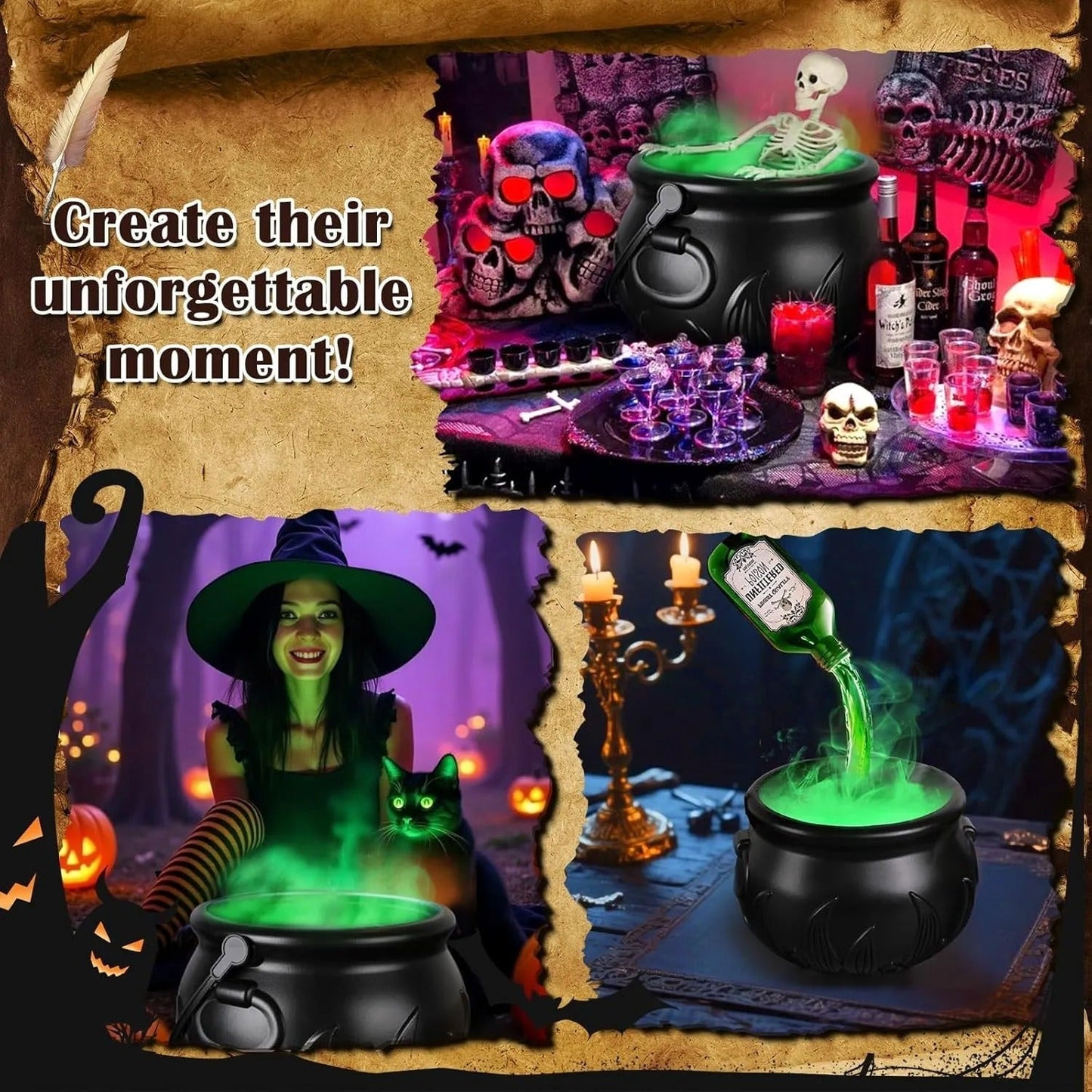 Spooky witch’s cauldron – Fog and floating magic bottle feature Homezys